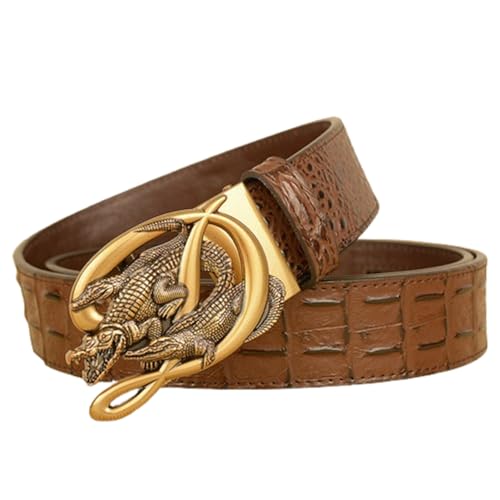 Men's Crocodile Pattern Leather Ratchet Belt With Gold Carved 3-Crocodile Automatic Buckle, Cut-to-Fit2