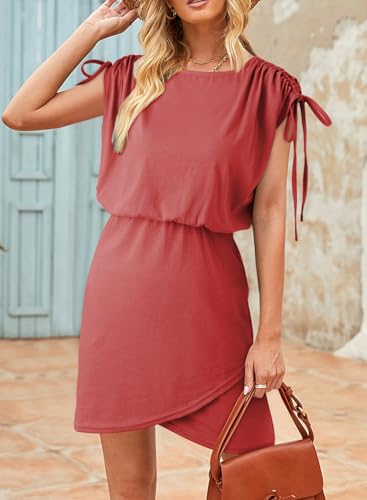 Image of Dokotoo Womens 2024 Summer Dress Drawstring Cap Sleeve Crew Neck Wrap Bodycon Dresses Mini Short Dress