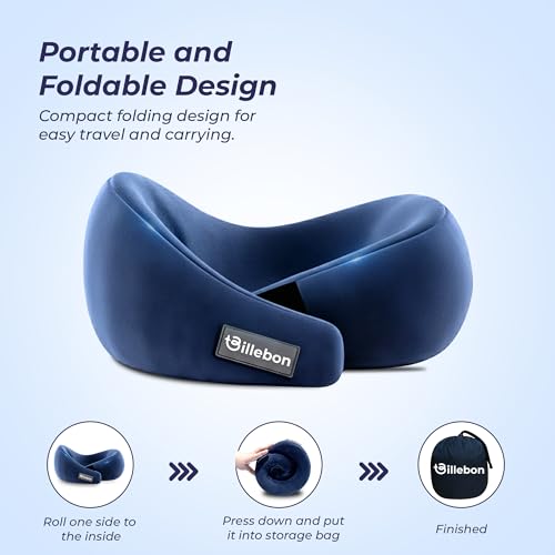 Image of Billebon Gel Infused Memory Foam Neck Pillow, Travel Pillow with Adjustable Velcro Straps, Neck Pillow for Travelling & Flight Travel, Ergonomic Support for Comfort & Pain Relief (Navy Blue)