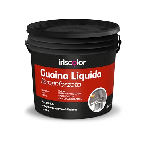 IRIS COLOR Guaina Liquida impermeabilizzante Terrazzi Grigia 4 LT Fibrorinforzata e Calpestabile Sigillante Professionale Per Balconi Sigillante Impermeabile Trasparente Anti-Infiltrazioni e Raggi UV