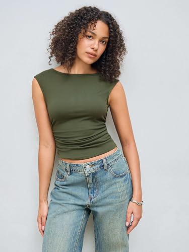 Image of CIDER Boat Neck Tops for Women Sleeveless Ruched Crop Tank Tops | Slim Fit, Trendy Summer Outfits, Casual Tee Shirt