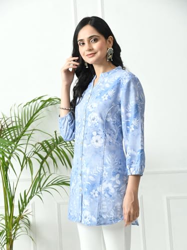 Image of Meesan Women's Mandarin Collar Printed 3 /4th Sleeves Tunic