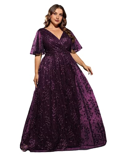 Plus Size Women's V Neck Ruffles Flutter Sleeve Embroidered Lace A Line Maxi Dress for Wedding Party Evening