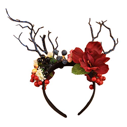 Lurrose Geweih Horn Stirnband Weihnachten Rentier Haarband mit Blume Beere Baum Äste Weihnachten Haarreifen für Urlaub Kopfbedeckung Cover