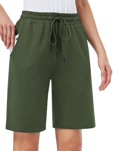 Photo de MOVE BEYOND Bermuda pour Femme avec 3 Poches Cordon Shorts de Survêtement Yoga D'entraînement Lounge, Vert, L