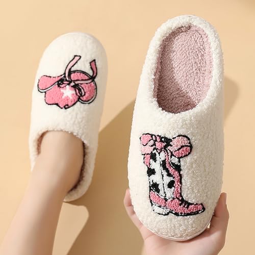 Women Retro Cowgirl Cowboy Boots Slippers Plush Embroidered Cowgirl Hat Slippers Winter Cozy Warm House Shoes Indoor Outdoor3