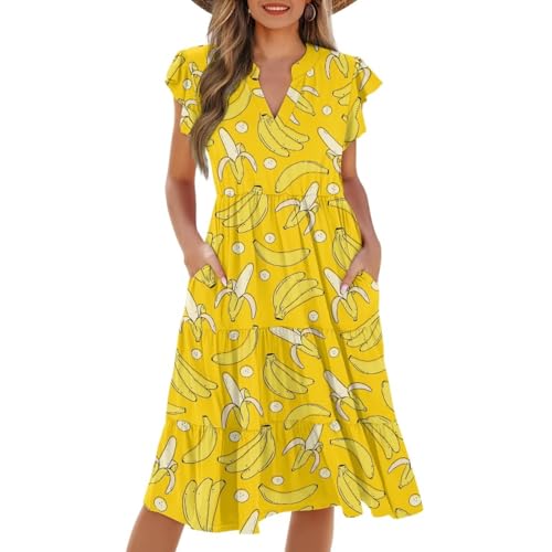 Image of Womens Summer Dress Ruffle Sleeve V Neck Dress Casual Fit Flowy Beach Vacation Sundress with Pocket S-2XL