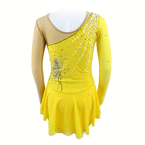 Girls Women Ice Skating Dress Yellow Stretchy Mesh Figure Skating Dance Clothing #TOP2