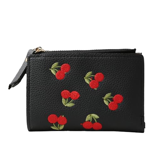 Cute Cherry Embroidered Wallet Small Bifold Coin Purse Cherry Print Zipper Around Credit Card Holder RFID Blocking (Black)
