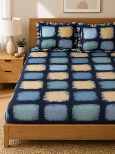 Image of 380 TC Premium Glace Cotton Elastic Fitted Bedsheet King Size with 2 Pillow Covers King Size | Double Bed with All Around Elastic (Blue Box, Fitted - 72 inchx78 inch King)