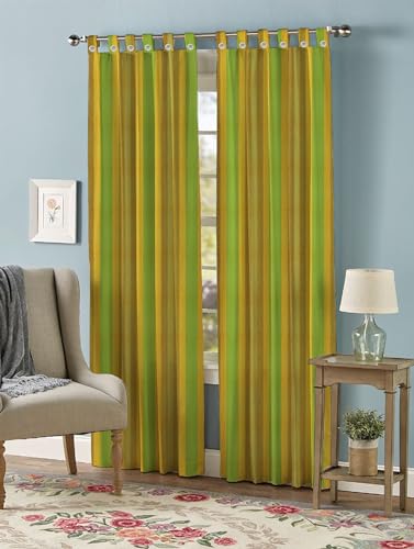 Image of Yaweh Cotton Striped Room Darkening Loop Type Curtain- 4 Ft X 5 Ft Set of 2 Pieces(Orange), Opaque, Tab Top Curtains (Yellow, Door)