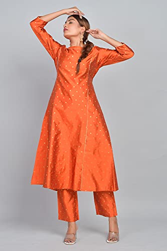 Image of Riara Art Silk Women Long Anarkali Kurti with Pant Polka Dot A-line Ladies Ethnic Wear Dress