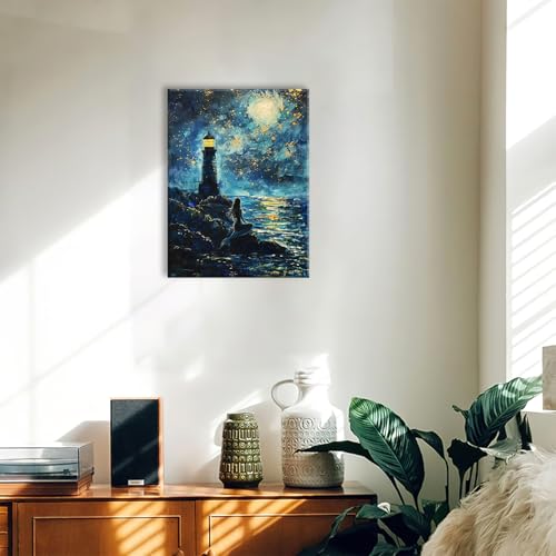 Paisaje nocturno costero en lienzo de faro para decorar salas modernas 3