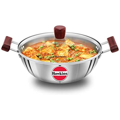 HAWKINS Tri-Ply Stainless Steel Induction Compatible Deep Kadhai (Deep-Fry Pan) with Glass Lid, Capacity 4 Litre, Diameter 28 cm, Thickness 3 mm, Silver (SSK40G) Cover