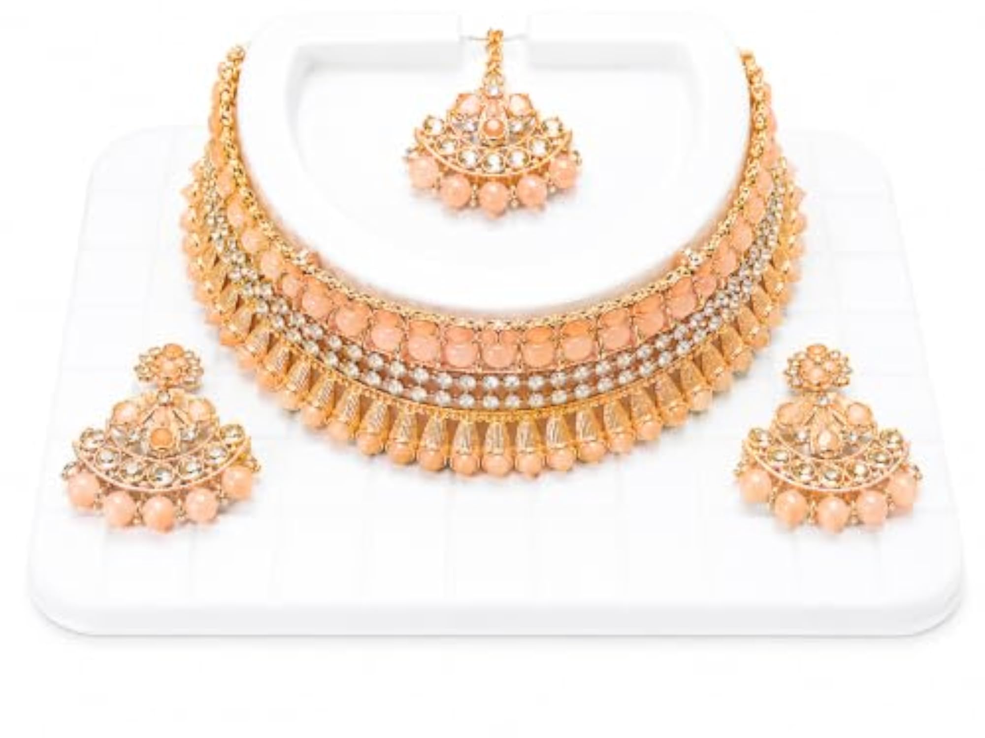 Indian Bridal Peach Choker Necklace Set with Earrings & Maang Tikka