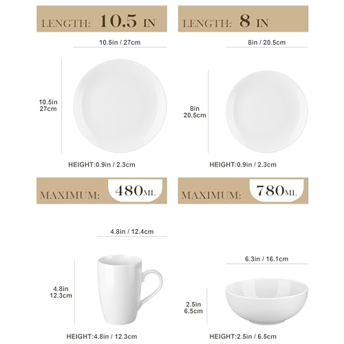 Image of MALACASA 16-Piece Gourmet Porcelain Dinnerware Sets, Modern White Round Dish Set for 4 - Premium Serving Plates and Bowls Sets for Dessert, Salad, Soup, Pasta - Series AMELIA