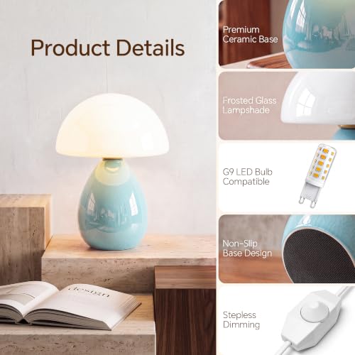 Image of Dawnwake Mushroom Lamp Table Lamp for Bedroom-Small Desk Table Lamps,Blue | Ice Crackle 10.08 inch Mid Century Modern Table Lamps for Living Room Bedroom Decor,Ceramic Lamps for Home Room Decor,Glass Shade