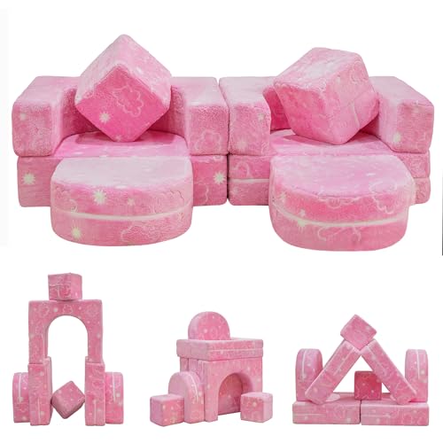 furlinkhm Modular Kids Play Couch, Kids Couch for Playroom Bedroom, Glow in The Dark, 5 Seconds Instant Expansion, Glowing Clouds, Pink