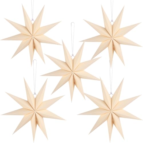 Image of 12 Inches 5 PCS Beige Paper Star Lanterns Christmas Party Decorations Hanging Stars Christmas Party Decorations Wedding Birthday Christmas Home Party Decorations(9 Pointed)