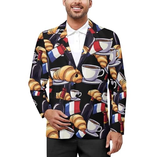 Wine Coffee Croissants France Flag Men's Slim Suit Long-Sleeve Prom Tuxedo Classic Two Button Business Jacket