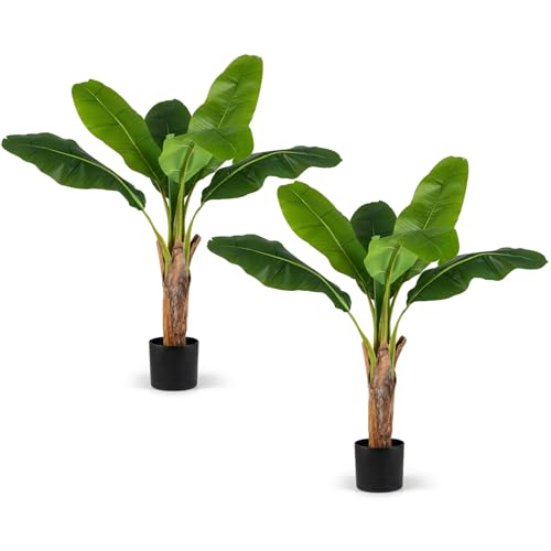COSTWAY Juego de 2 Árboles Artificiales, 107 cm Plantas Artificiales Decorativos Ave del Paraíso con Hojas de Plátano y Ramas Ajustables con Maceta, Platanero Falsa de Interior para Salón Oficina