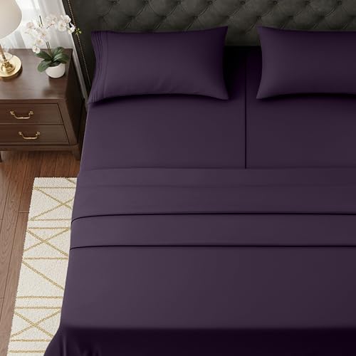 Image of Elegant Comfort Luxurious 1500 Premium Hotel Quality Microfiber Three Line Embroidered Softest 5-Piece Bed Sheet Set, Wrinkle and Fade Resistant, Split King, Purple