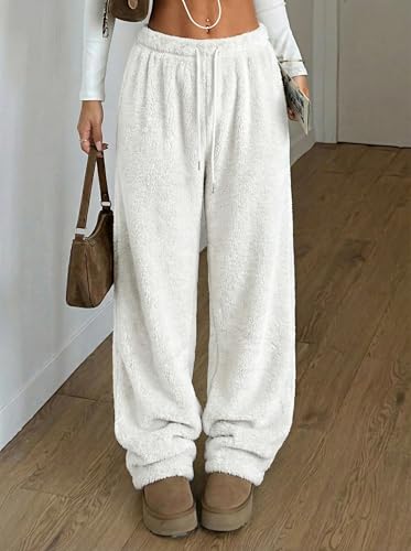 Image of ZAFUL Women's Fuzzy Plush Pajama Pants Wide Leg Pj Bottoms Lounge Pants | Soft Fluffy Sleep Pants Drawstring Elastic Waist Teddy Pjs for Women No Pockets