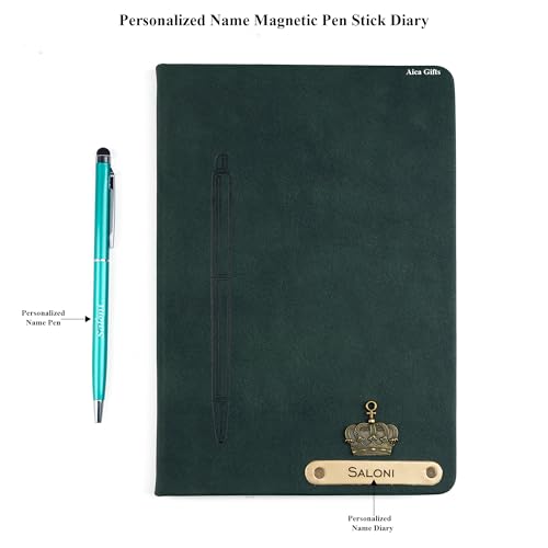 Image of AICA Personalized Name & Charm Magnetic Stick Leather (Dark Green) Diary A5 Size 180 Pages & Roller Pen | Customized Corporate Gift for Men Women | Diwali Gifts for Family and Friends | Diwali Gift