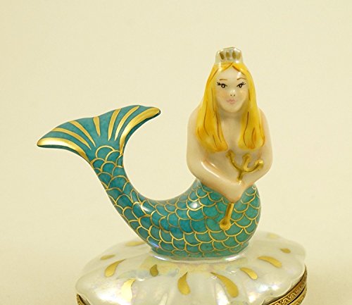 Authentic French Porcelain Hand Painted Limoges Box Gorgeous Mermaid In Seashell With Miniature Porcelain Removable Pearl #TOP3