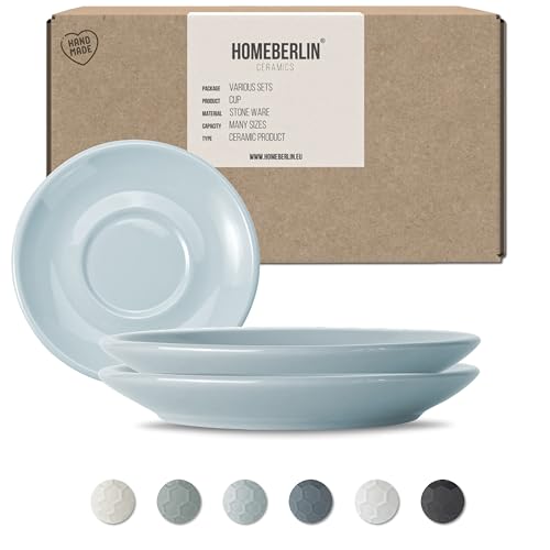 HOMEBERLIN Set piattini, Adatto per Set di Tazze da Cappuccino di Design da 200 ml, piattino in gres di Alta qualità, Produzione Artigianale al 100%, piattino (2 Pezzi, Azzurro)