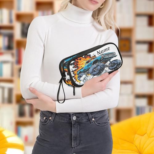 Image of Custom Truck Flame Pencil Case Box Boys Girls Personalized Name Large Pencil Pouch Stationery Pen Bag Organizer for Kids Adults School Office