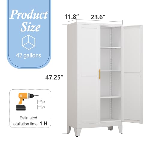 Image of White Metal Storage Cabinet, 48 inch Steel Cabinets for Home Office | Kitchen Pantry Storage Cabinet with Doors and 3 Adjustable Shelves, for Office, Home, Garage, School
