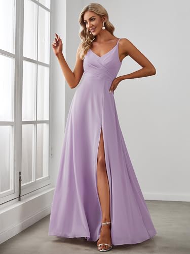 Image of Ever-Pretty Women's Summer Backless Spaghetti Straps Bridesmaid Dresses Chiffon V-Neck Slit Long Formal Wedding Guest Dress