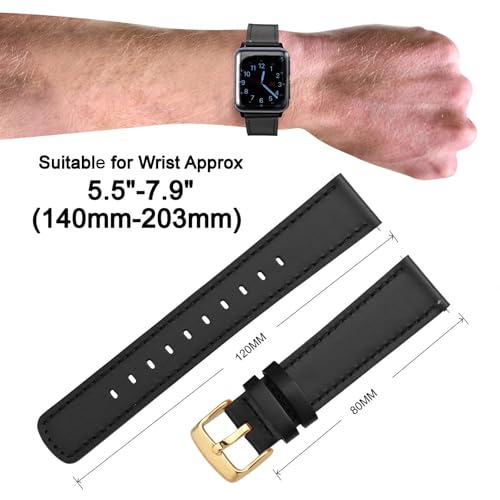 Image of ANNEFIT 18mm Watch Band with Gold Buckle, Quick Release Genuine Leather Replacement Strap (Black /Black Stitching)