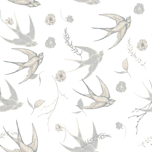 MuralPeel White Grey Cute Swallow Bird Rustic Peel and Stick Wallpaper Self Adhesive Removable Easy Peel Off Stick on Wall Paper for Bedroom Cabinet Renter