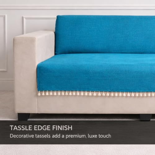 Image of STITCHNEST Jute Sofa Cover - Blue, 24x60 Inch | Soft Textured Fabric with Tassel| Full Coverage Sofa for Living Room Decor