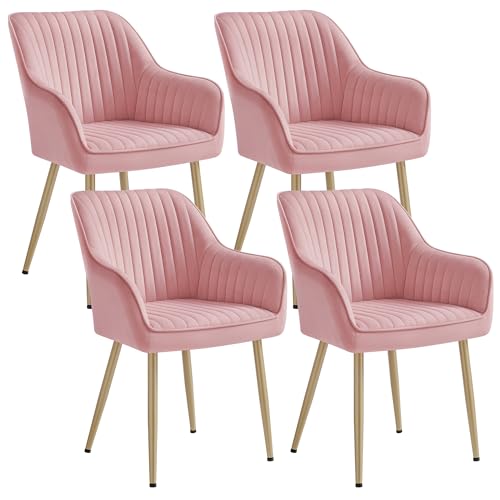 SONGMICS Esszimmerstuhl, 4er Set, Küchenstuhl, Sessel, Samt, Polsterstuhl mit Armlehnen, Loungesessel, bis 120 kg belastbar, Metallbeine, für Esszimmer, Küche, pastellrosa-blassgold LDC087R14