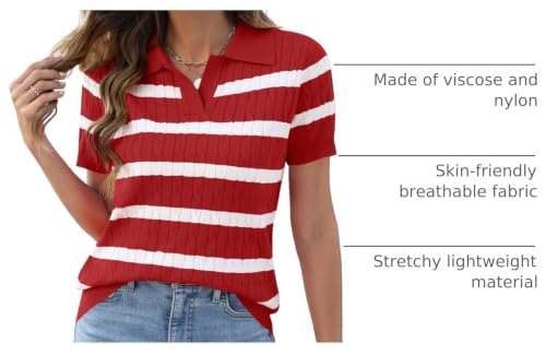 Image of Micoson Womens Short Sleeve Sweater Tops Lapel V Neck Polo Shirts 2026 Summer Cable Knit Loose Blouse Business Casual Outfits