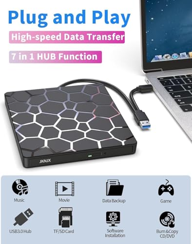 Image of External CD DVD Drive,8 in 1 USB 3.0 and Type-C CD Burner Player Writer with 4 USB Ports and 1 TF /SD Card Slots,Ultra Slim Optical Disk Driver for Laptop Mac PC Windows Linux OS