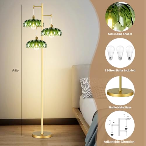 Image of ZECOXOL Gold Floor Lamps for Living Room Bedroom-3 Light Glass Floor Lamp with Three Led Bulb,Mid Century Standing Lamp Vintage Brass Tall Lamp Tree Floor Lamp for Bedroom Corner