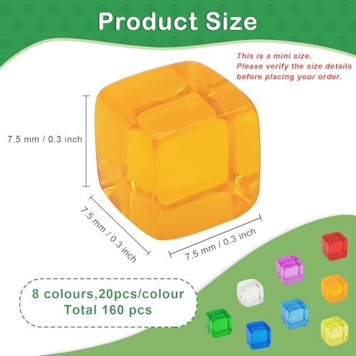 160 Pcs 8 Colors Blank Dice, 7.5mm Mini Acrylic Cubes for DIY Customization, Board Game Pieces, Tabletop Gaming Tokens, Card Game Counters, Assorted Color No Hole Dice Beads