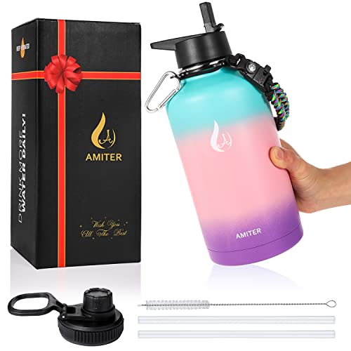 Amiter Half Gallon Water Bottle With Straw And Handle, 22Oz, 32Oz, 40Oz, 64Oz,128Oz Insulated Water Bottles Stainless Steel Modern Flask Thermos Mug, Leakproof Bpa Free Simple Gallon Water Jug #TOP1