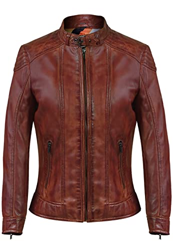 Blueorn Lederjacke Damen Neva Echtleder Bikerjacke Übergangsjacke Frauen - Moderner Jacke mit Stehkragen im Biker Look Cognac Cover