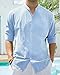 Alimens & Gentle Men's Cotton Linen Shirts Long Sleeve Button Down Shirt Band Collar Beach Shirts Cool Blue