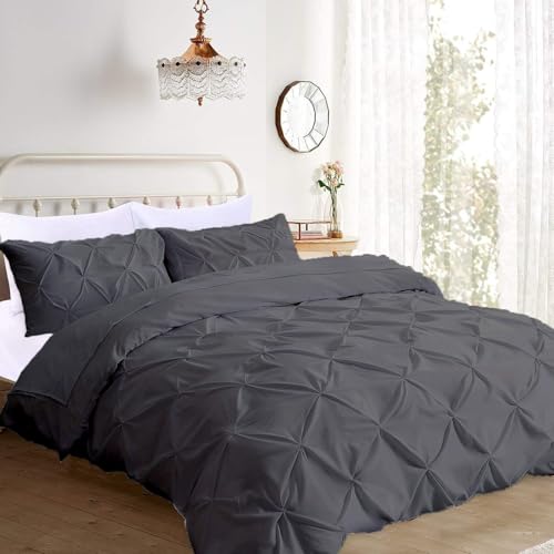 Precious Star Linen Decorative Pinch Pleated Pintuck Duvet Cover Set Super King 108x98 Inch with Zipper & Corner Ties, 800-TC 100% Cotton Soft & Cozy Duvet Cover & 2 Pillow Sham, Grey