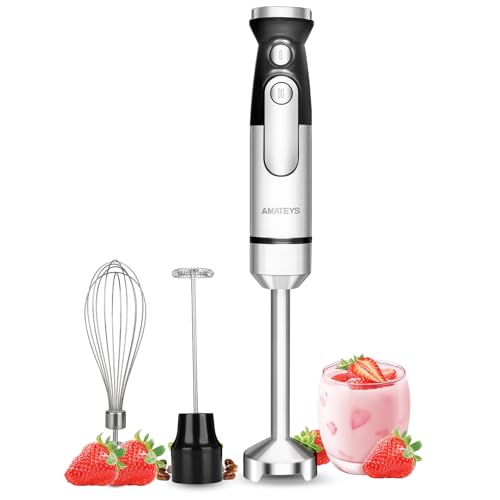 Amateys Hand Blender, 700W Infinitely Adjustable Speeds Multifunctional Electric Mixer Stainless Steel with Detachable Whisk, Milk Frother for Soup Puree