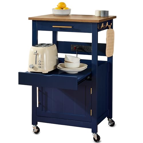 Best Choice Products Rolling Kitchen Island Cart, Single Door Cabinet w/Drawer, Sliding Tray, Hidden Outlet, Hooks, & Lockable Wheels - Midnight Blue