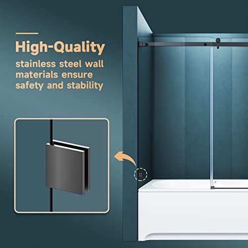 Elegant Frameless Bathtub Shower Door 60" W X 62" H Shower Doors For Bathtub With 5/16 In. Clear Tempered Glass Shower Doors Glass Sliding 60 Inches In Black Hardware Sliding Tub Door #TOP4