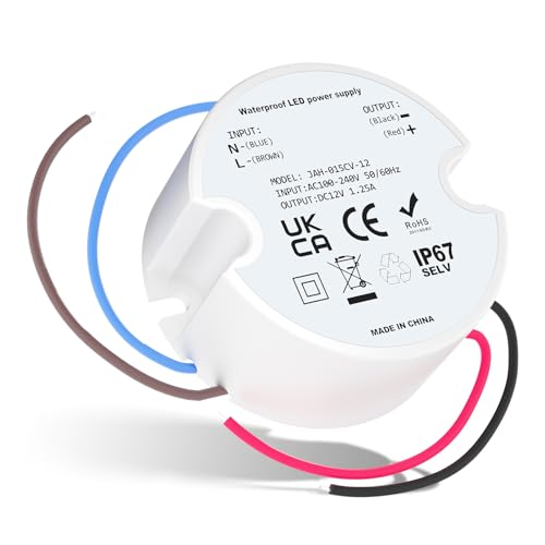 Noobibaba LED Netzteil 12V Wasserdicht IP67, LED Trafo 12V 15W Unterputz Trafo Mini Netzteil 230v auf 12 V DC Rund Dosentrafo 1,25A für Led-Lichterketten 1er-Pack