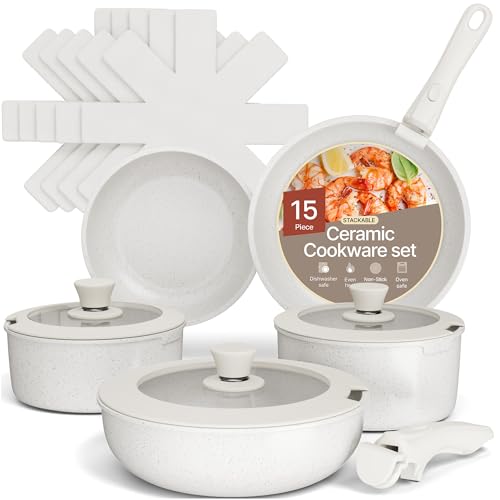 Image of Bakken 15-Piece Non-Stick Cookware Set with Detachable Handles – Granite Stackable Pots and Pans Set, Dishwasher Safe, Oven-Safe, and Compatible Kitchen Essential for All Stoves – Cream